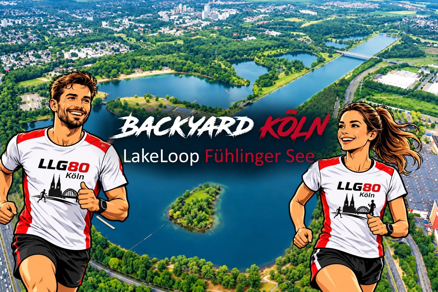 Illustration: Läuferin und Läufer im LLG-80-Shirt vor Luftbild des Fühlinger Sees mit dem Logo Backyard Köln LakeLoop Fühlinger See
